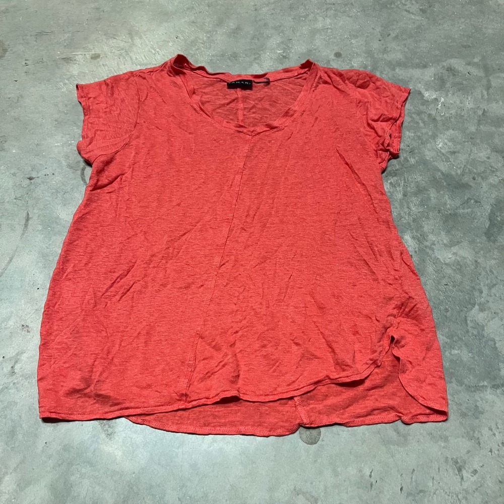 Tahari Women Coral Pink Red 100% Linen V-Neck Short Sleeve Top Size Large